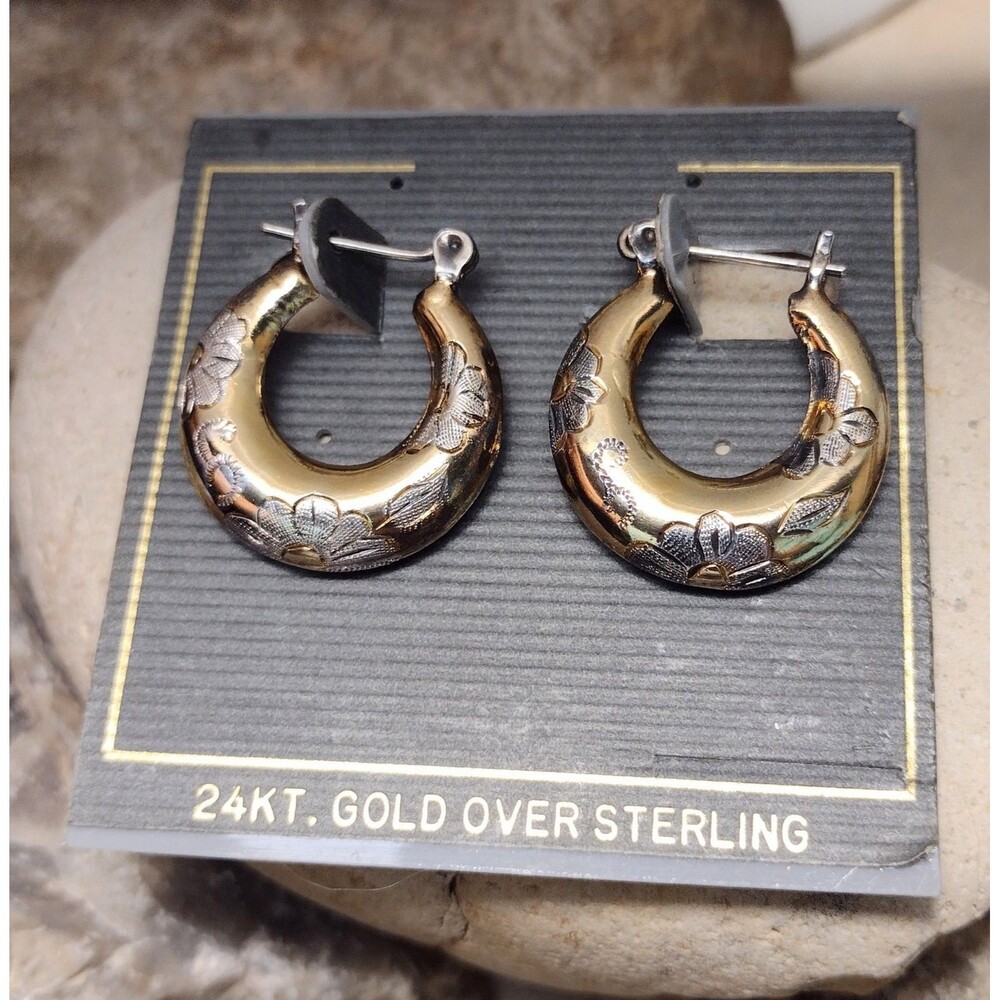 24KT Gold Over Sterling Floral Hoop Earrings - Gold - Picture 4 of 11